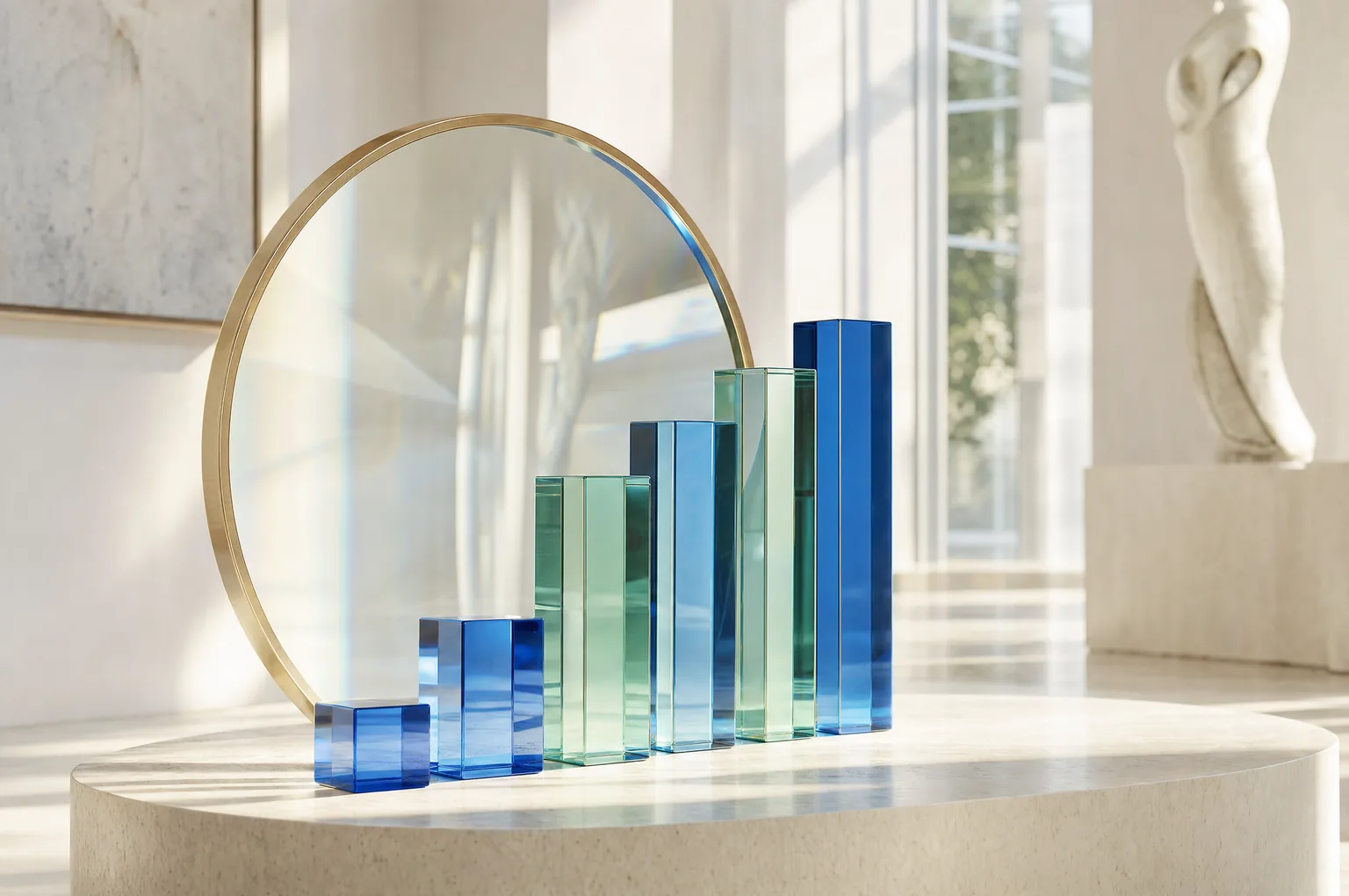 Ascending glass prisms refracted through a large optical lens