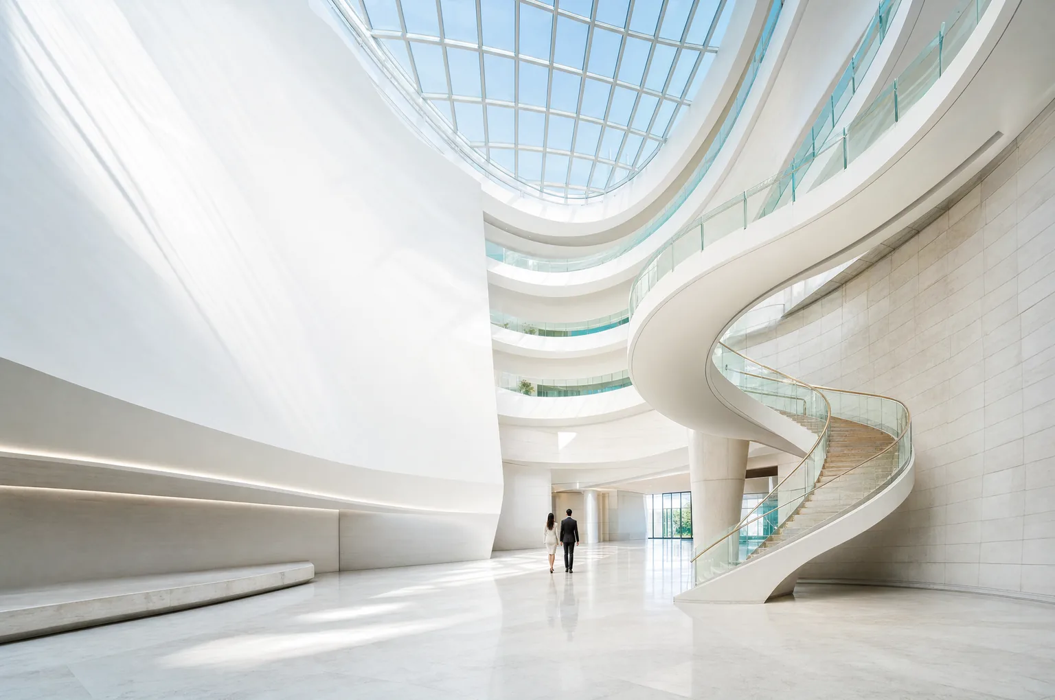 A modern building features a sweeping staircase and skylight, showcasing workspace design.