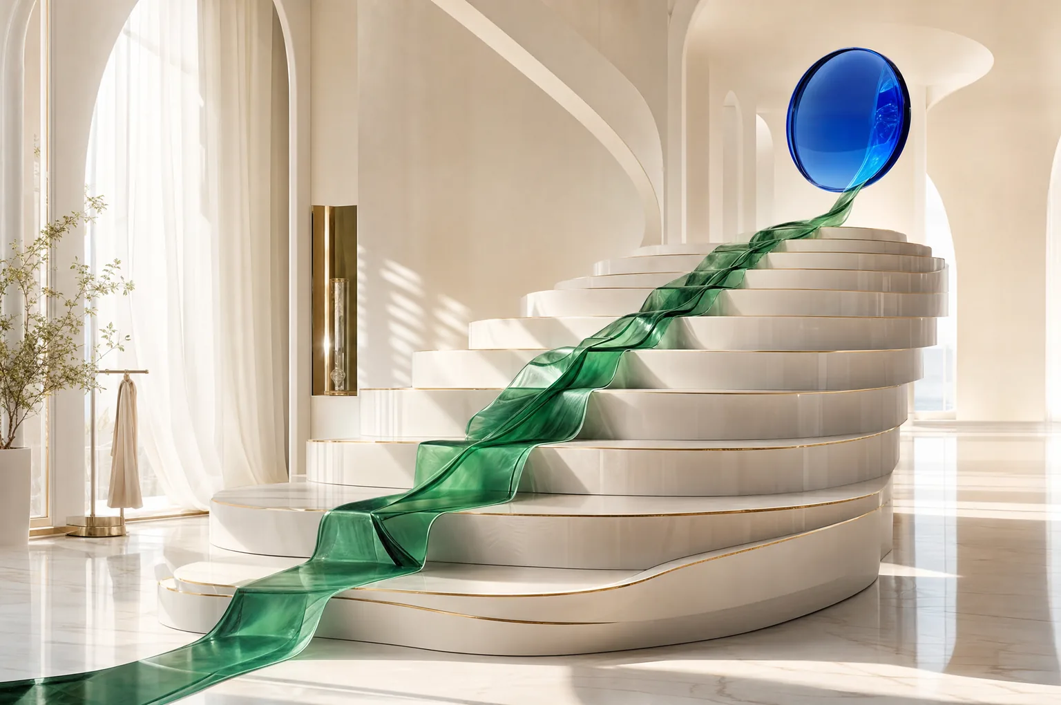 A curved staircase with flowing green fabric and a blue sphere represents progress and direction.