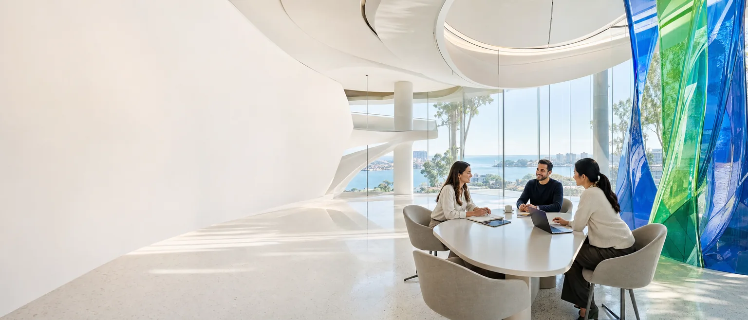 A bright future workspace where people collaborate beneath flowing white architecture